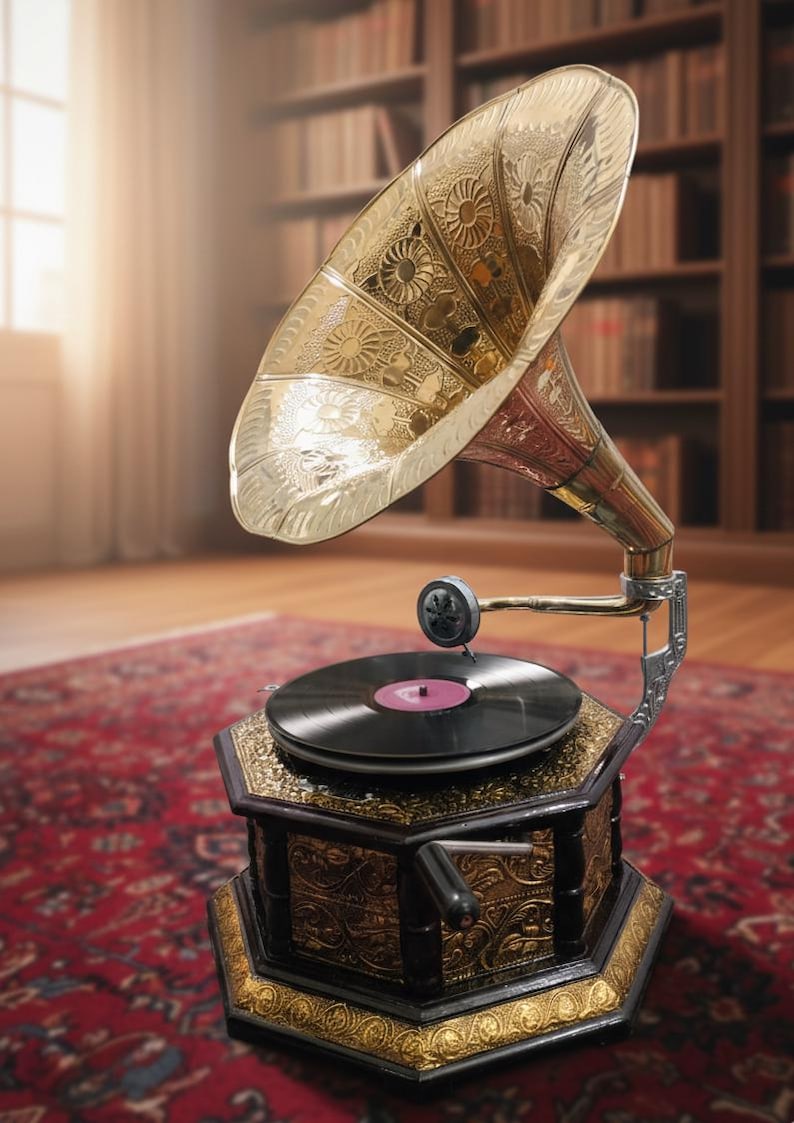 Gramophone Set Antique Style Gramophone - Ornate Brass Horn, Victorian Decor ...