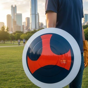 Puede incluir: Un escudo redondo con borde blanco, centro azul marino y diseño rojo. El escudo tiene las letras "UK" en un círculo pequeño. La persona lleva una camiseta azul y vaqueros.