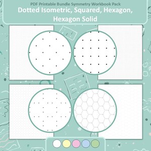 Op de afbeelding: Een digitale, afdrukbare PDF-bundel met symmetrie werkboekpagina's. De pagina's bevatten gestippelde isometrische, vierkante, zeshoekige en zeshoekige effen patronen. De tekst "PDF Printable Bundle Symmetry Workbook Pack" staat bovenaan.