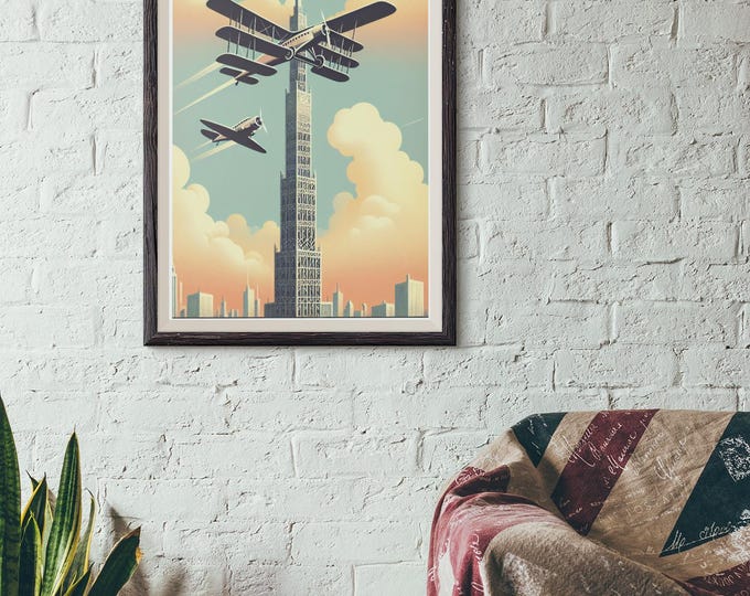 Framed Vintage Aviation Poster - Art Deco Airplane Wall Art, Retro Travel Print for Pilots, Office or Aviation-Inspired Decor