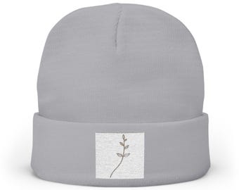 Embroidered Leaf Knit Beanie - Cozy Winter Hat with Nature-Inspired Design