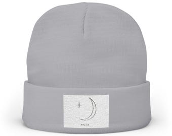 Embroidered Moon and Star Knit Beanie - Cozy Winter Hat with Celestial Design