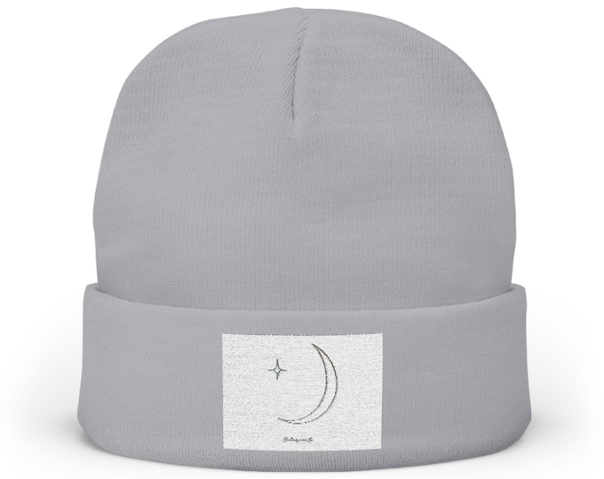 Embroidered Moon and Star Knit Beanie - Cozy Winter Hat with Celestial Design