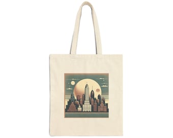 Vintage Cityscape Cotton Tote Bag - Reusable Shopping Bag with Urban Skyline, Lightweight Durable Market or Travel Tote