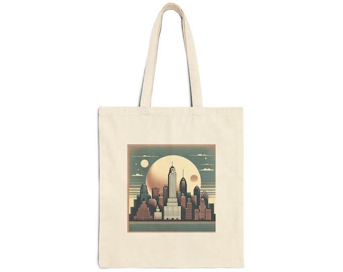Vintage Cityscape Cotton Tote Bag - Reusable Shopping Bag with Urban Skyline, Lightweight Durable Market or Travel Tote