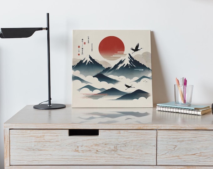 Framed Japanese Mountain Landscape Art - Sunset Wall Print with Forest Silhouette, Nature-Inspired Decor for Living Room or Bedroom