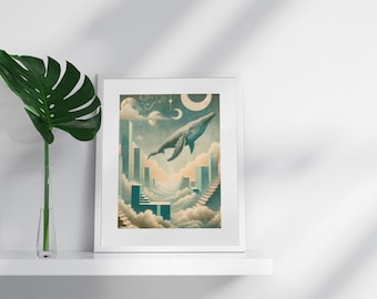 Dreamy Whale Cosmic Art - Framed Celestial Ocean Wall Art Print, Surreal Whale Poster for Nursery, Bedroom, or Meditation Decor