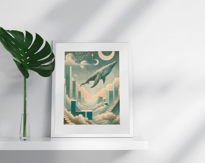 Dreamy Whale Cosmic Art - Framed Celestial Ocean Wall Art Print, Surreal Whale Poster for Nursery, Bedroom, or Meditation Decor