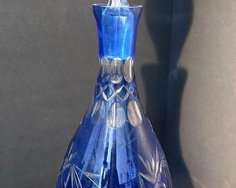 Vintage Cobalt Blue Cut-to-Clear Crystal Decanter: Grapes, Vines, Leaves – Bohemian Style Made in Poland