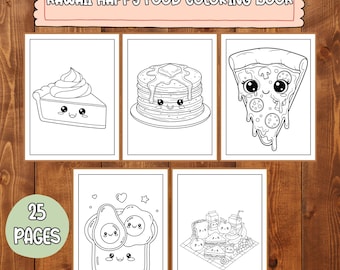 Libro da colorare di cibo kawaii per bambini / 25 pagine PDF stampabili / Attività di colorazione facile e divertente