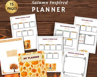 May include: An autumn-themed planner with 15 pages, featuring weekly social plans, fitness plans, and goal trackers. The cover displays a pumpkin and fall leaves. The planner includes the text "Autumn Inspired PLANNER".