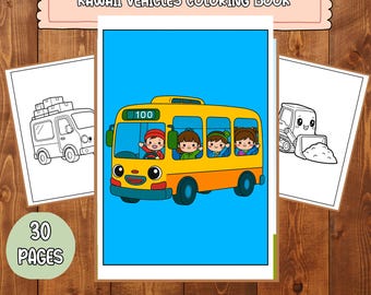 Puede incluir: Un libro para colorear titulado "Kawaii Vehicles Coloring Book" con una ilustración de un autobús amarillo en la portada. El autobús tiene pasajeros sonrientes y el número 100 en la parte delantera. Se ven dos páginas para colorear más, junto con el texto "30 PAGES".