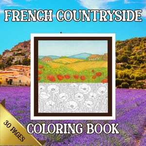 Può includere: Un libro da colorare intitolato "FRENCH COUNTRYSIDE" con 30 pagine. La copertina presenta un'illustrazione incorniciata di un paesaggio francese con campi, case e papaveri rossi. Sotto, un disegno floreale in bianco e nero.