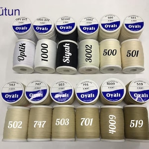May include: A collection of spools of thread in various colors, labeled with numbers and text. The spools are arranged in rows, with the text "Oyali" visible on the top of each spool. The colors range from white to beige and olive green.