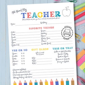 Teacher Favorite Things Teacher Questionnaire All About My Teacher Meet The Teacher Favorite Things List Teacher Favorites List