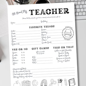 Teacher Favorite Things Teacher Questionnaire All About My Teacher Meet The Teacher Favorite Things List Teacher Favorites List