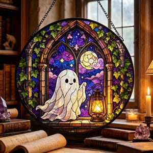 May include: A circular stained glass suncatcher featuring a white ghost character holding a lit lantern. The design depicts a gothic window frame with purple and blue night sky, a yellow moon, and green ivy vines, suspended by a black metal chain.