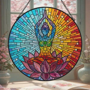 Yoga Chakra Lotus Stained Glass Sunshine Catcher, Outdoor Hallway/Room Decoration, Unique Healing Birthday Gift for Yoga Lovers