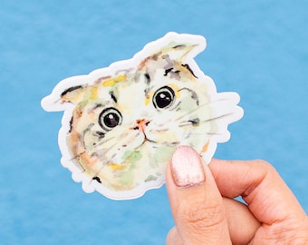 Scottish Fold Cat Sticker, Cat Die Cut Vinyl Sticker, Cat Face Sticker, Watercolor Cat Sticker, Cat Vinyl Stickers, Scottish Fold Cat Gift