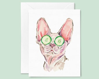 Sphynx Cat Art Card, Sphynx Greeting Card, Spa Day Card, Hairless Cat Card, Funny Cat Card, Watercolor Sphinx Cat Card, Blank Cat Card