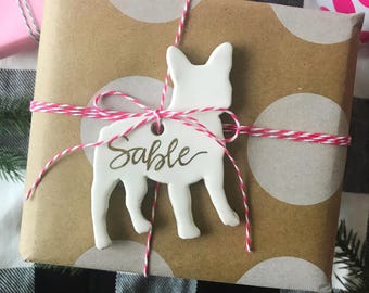 French Bulldog Ornament, Ceramic French Bulldog Ornament, Personalized French Bulldog Ornament, Personalized Frenchie Ornaments, Calligraphy