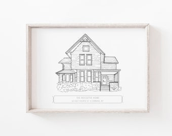 Custom Home Portrait, House Drawing, 5x7 Personalized Home Illustration, Ink Home Sketch, Family Home Drawing