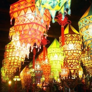 Bohemian Lantern: Indian Silk Wedding Decor, Collapsible Cotton Lamp