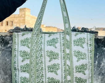 Hand Block Printed Cotton Quilted Tote Bag, Boho Floral Shopping and Beach Bag, Travel and Shoulder Tote, Bridal/Women Gifts, Sustainable