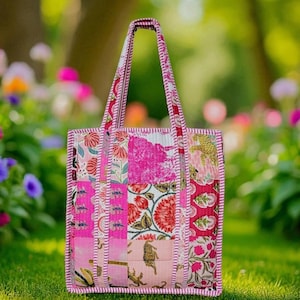 Block Printed Tote Bag, Quilted Hand Luggage Bag, Eco Friendly Sustainable Sturdy Grocery Shopping Tote Bag, Boho Overnight Beach Tote Bags
