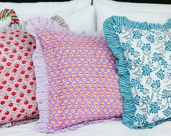Indian Block Print Cotton Frill Cushion Cover: Bohemian Floral Pillow
