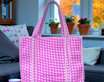 Embroidered Cotton Quilted Bag, Block Print Tote Bag for Women, Boho Travel Bag, Handmade Shoulder Purse, Large Floral Weekender, Bridesmaid
