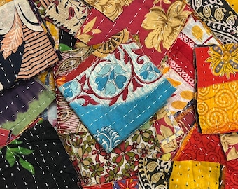 Vintage Boho Charm Pack: 50 pc Kantha Scrap Bundle - Pre-Cut Indian Sari Fabric Squares for Kantha Quilts and Creative Crafts