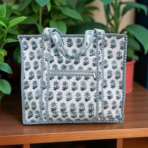 Vintage Cotton Quilted Tote Bag, Embroidered Floral Hand Block Print Shopping Bags, Overnight Beach Bag, Custom Travel Tote Gift for Her