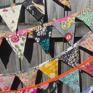 Floral Fabric Bunting Banner: Colorful Sari Flags, Recycled Cotton