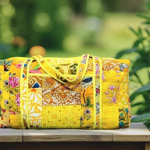 Large Cotton Patchwork Weekender Travel Bag, Handmade Quilted Fabric Duffle Bag, Block Printed Overnight Bags, Hand Luggage Bags for Women