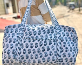 Bolsa de fin de semana de lona, bolsa de almacenamiento de algodón, bolsa de viaje acolchada hecha a mano, bolso de hombro de tamaño estándar con estampado de bloques, bolsa de compras bohemia para mujer