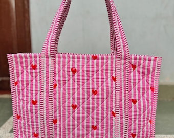 Quilted Cotton Tote Bag: Hand Block Print Shopping Bag Handmade Market Bag Floral Tote Bag For Women Beach Bag
