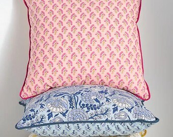 Block Print Cotton Throw Pillow Cover: Handmade Cushion with Piping