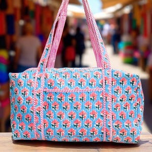 Duffle Weekender Bag, Block Print Cotton Storage Bag, Handmade Quilted Travel Bag, Large Overnight Shoulder Bag  Custom Duffle bag For Women
