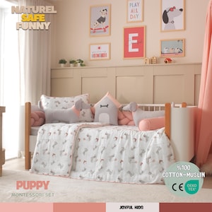Puppy Montessori Bedding Set – Neutral Toddler Bedding with Decorative Pillow – Soft Cotton Muslin Kids Room Decor