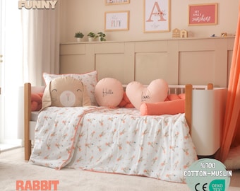 Montessori-sängklädset med kanin, 9 delar | 100 % bomullsmuslin, sängkläder för barnrum | Kaninkudde | Handgjord babyrumsinredning | Joyful Kids