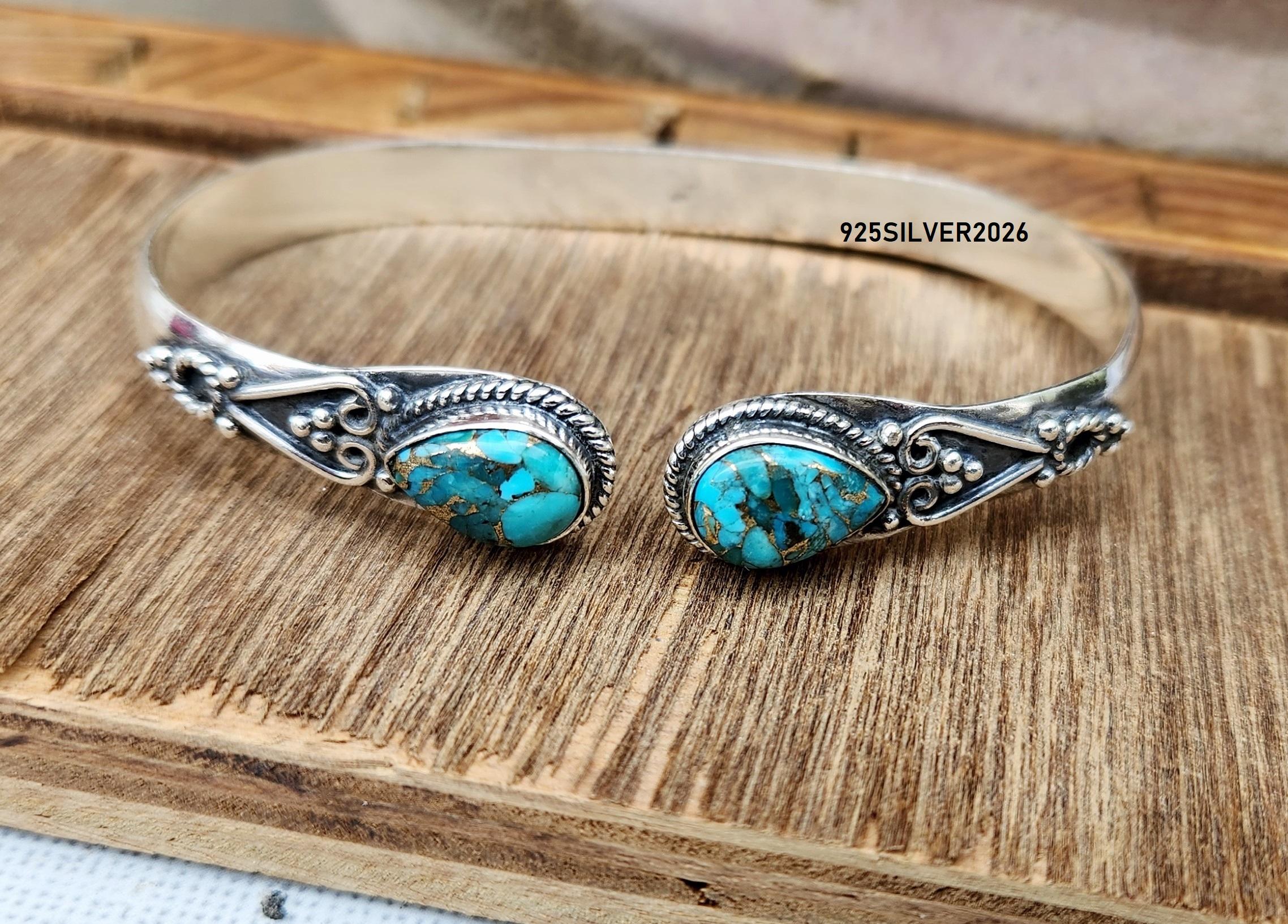 ハンドメイドブルーコッパーターコイズ925スターリングシルバーカフ