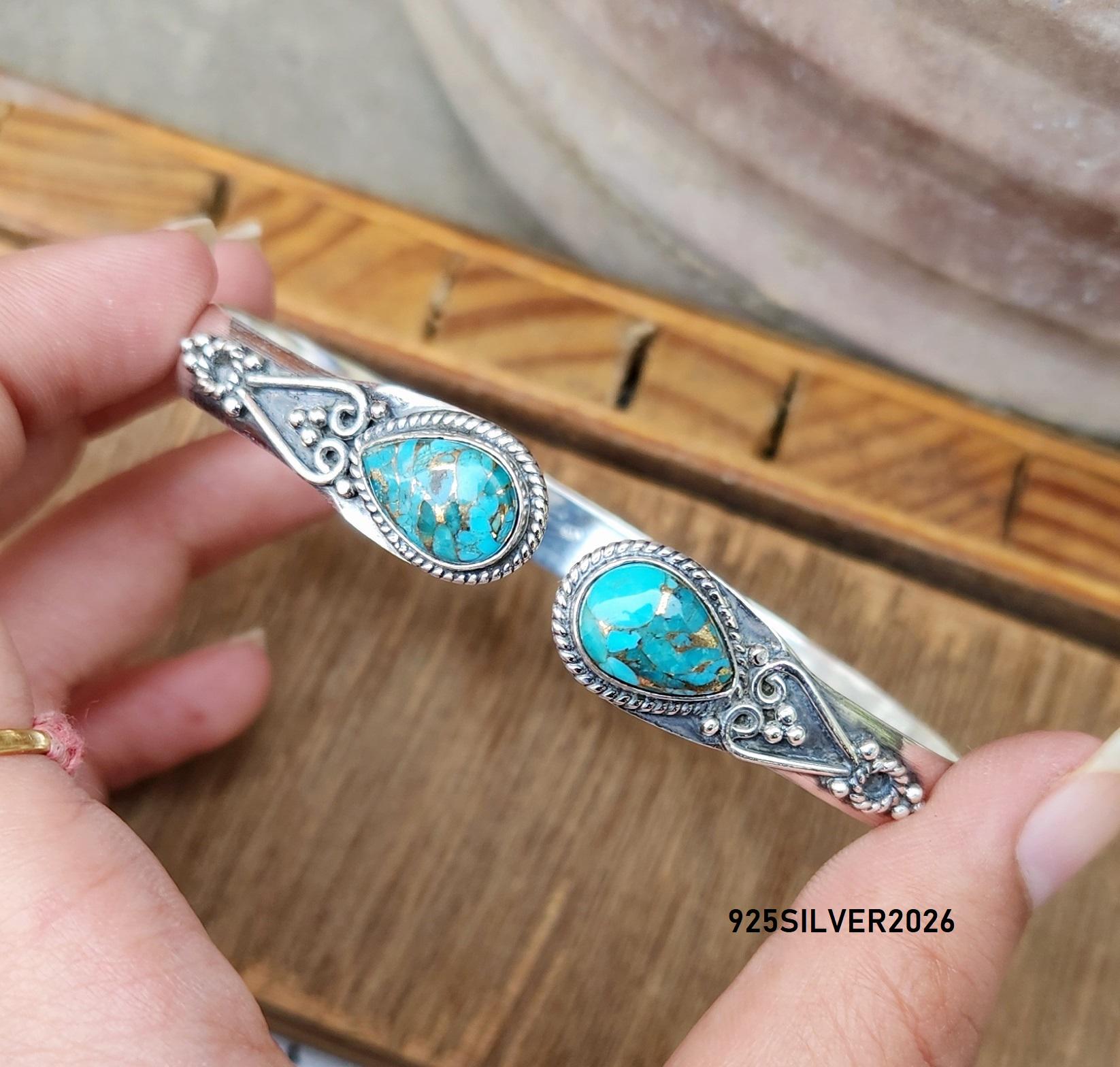 ハンドメイドブルーコッパーターコイズ925スターリングシルバーカフ