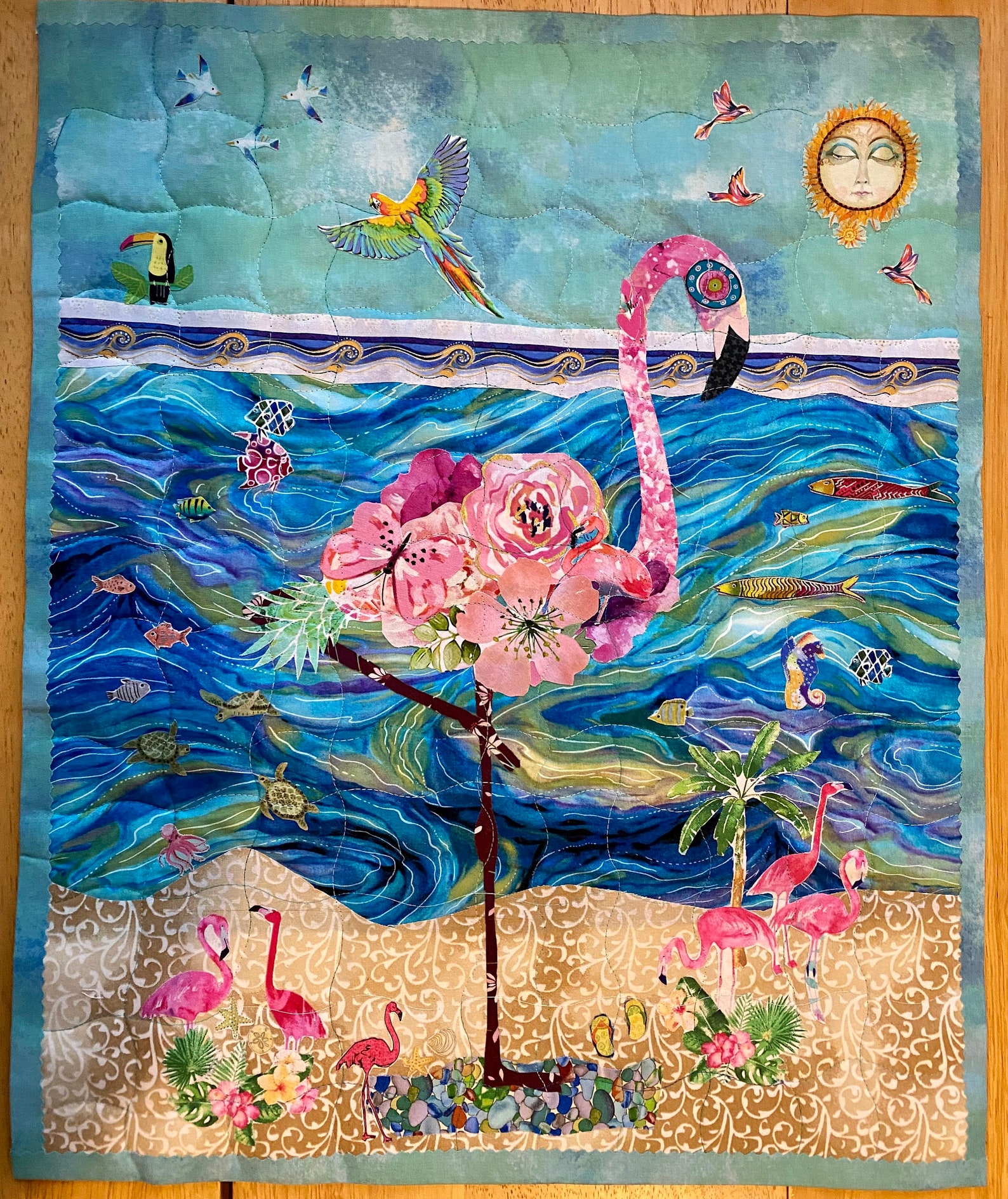 Flamingo Quilted Fabric Collage Wall Hanging Finished 19X23 Photo Inspiration