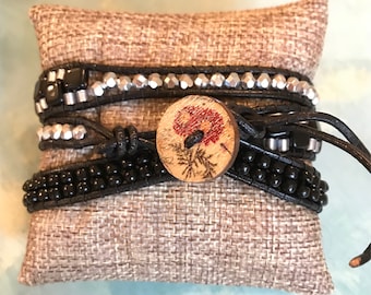 FREE SHIPPING! Black and Silver Triple Wrap Bracelet with Flower Button