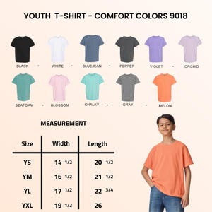 May include: A youth t-shirt in melon color is modeled. The image displays a variety of t-shirt colors, including black, white, bluejean, pepper, violet, orchid, seafoam, blossom, chalky, and gray. Measurements are provided for sizes YS, YM, YL, and YXL.