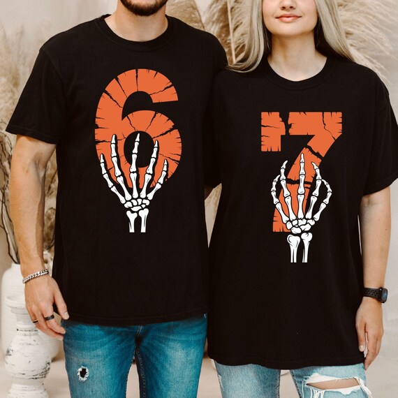 Comfort Colors® Funny Skeleton Hands Six Seven T-shirt, 67 Couples Matching Halloween Costume Tee,Haunted by 6 7 Halloween T-Shirt