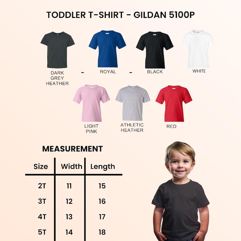 K&ouml;nnte beinhalten: Eine Auswahl an T-Shirts f&uuml;r Kleinkinder in verschiedenen Farben, darunter Dunkelgrau-Melange, K&ouml;nigsblau, Schwarz, Wei&szlig;, Hellrosa, Athletic Heather und Rot. Das Bild enth&auml;lt eine Gr&ouml;&szlig;entabelle mit Ma&szlig;en in cm f&uuml;r Breite und L&auml;nge.
