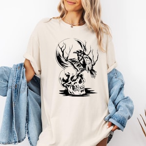 Comfort Colors© Crow on Skull Shirt, Gothic Raven Skeleton Tee, Witchy Skull Crow Unisex Top, Spooky Halloween Gift