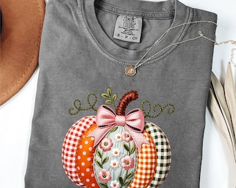 Comfort Colors® Faux Embroidery Fall Pumpkin Shirt, Cute Autumn Graphic Tee, Cozy Thanksgiving Top, Harvest Season Pullover